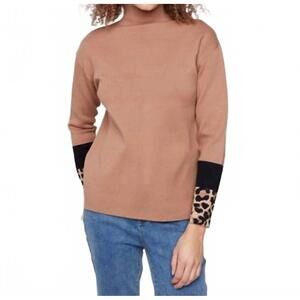 NEW CHARLIE B funnel sweater with animal print sleeve detail in truffle
